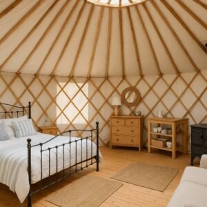 Illustration / planned layout — concept render of the planned yurt and lean-to at Ardroil. Prize is 125 nights over 5 years.