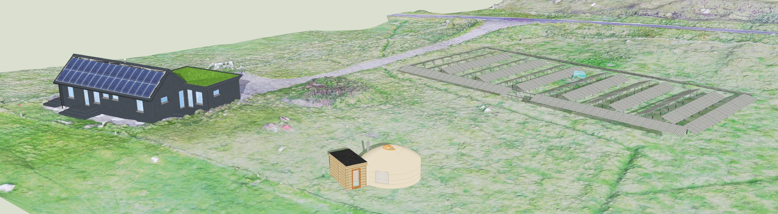 After: the yurt with lean-to, finished house and solar array on the croft